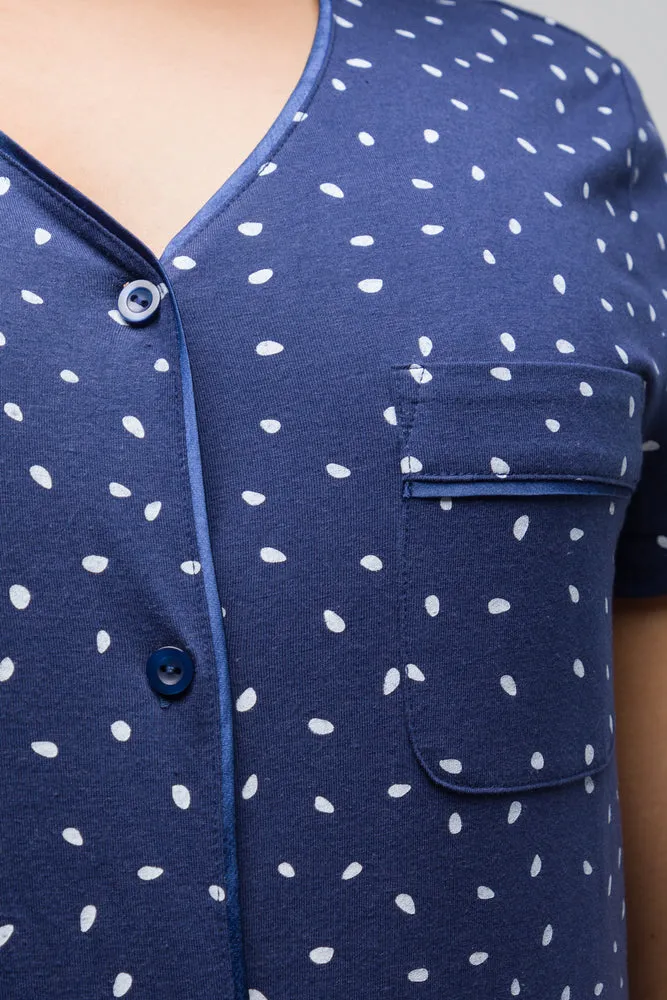 White Spotty Button Through Capri Set Navy