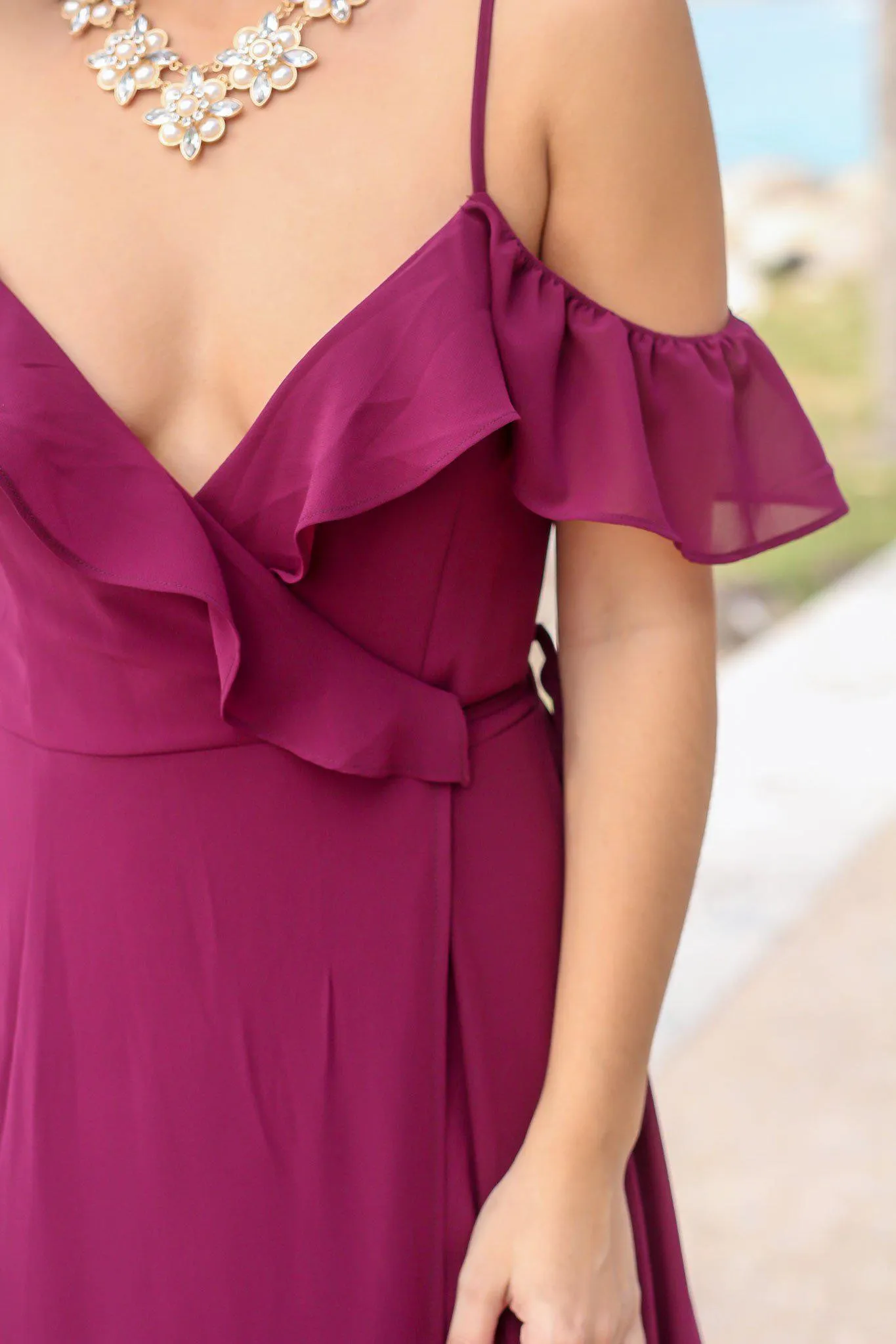 Wine Wrap Dress with Ruffle Top