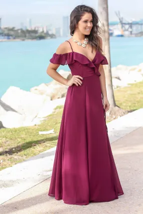 Wine Wrap Dress with Ruffle Top