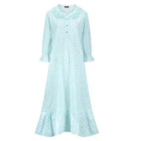 Women's Cotton Poplin Mid-Calf Gown - Dots Diva Aqua-White - Small