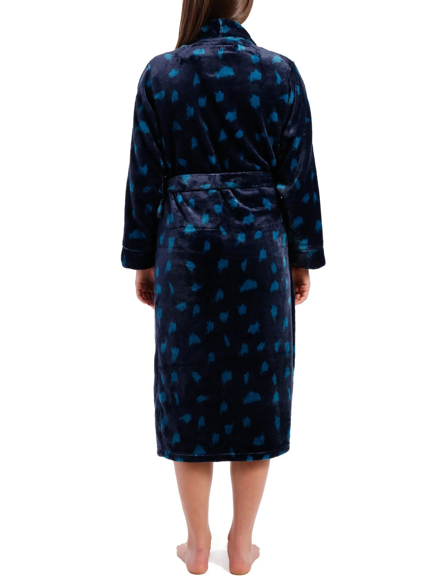 Women's Lush Butterfleece Spa/Bath Robe - Snow Leopard - Navy/Teal