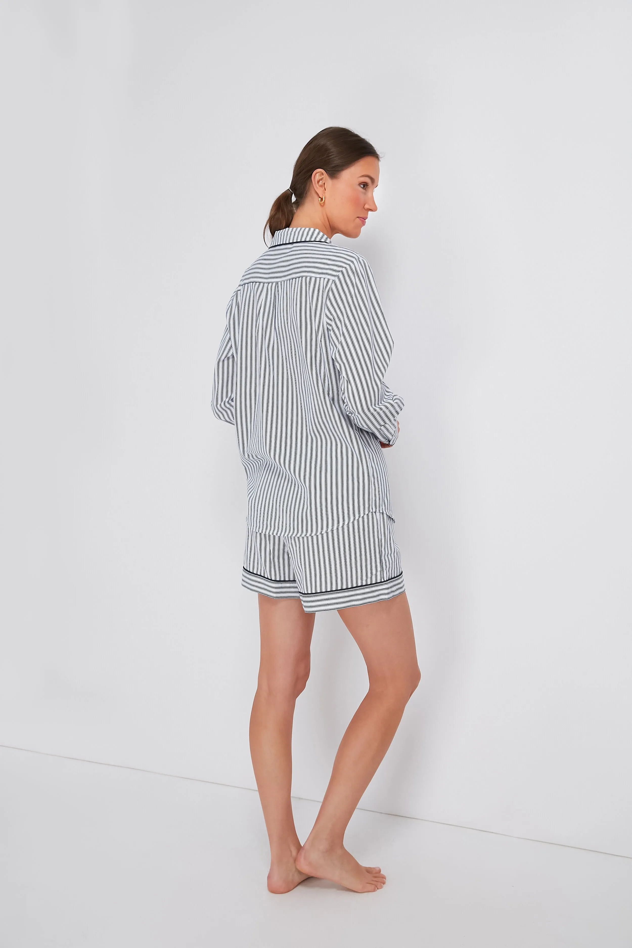 Women's Navy French Ticking Long Sleeve Short Set