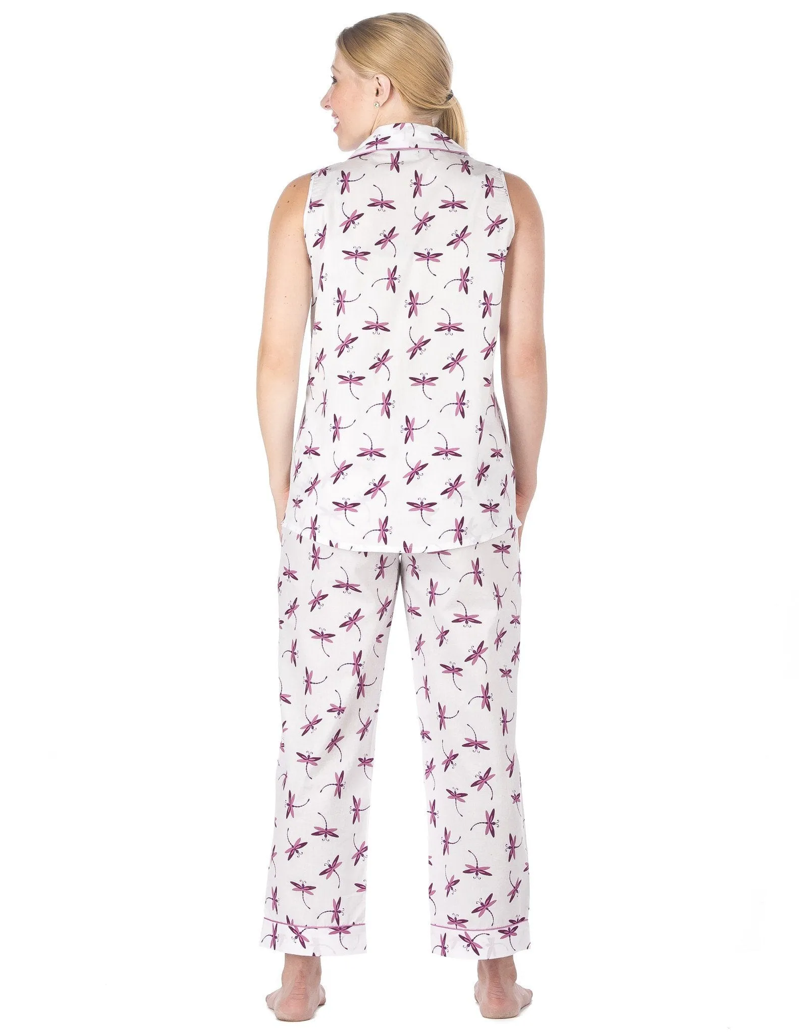 Women's Premium 100% Cotton Poplin Sleeveless Pajama Set - Firefly - White/Purple