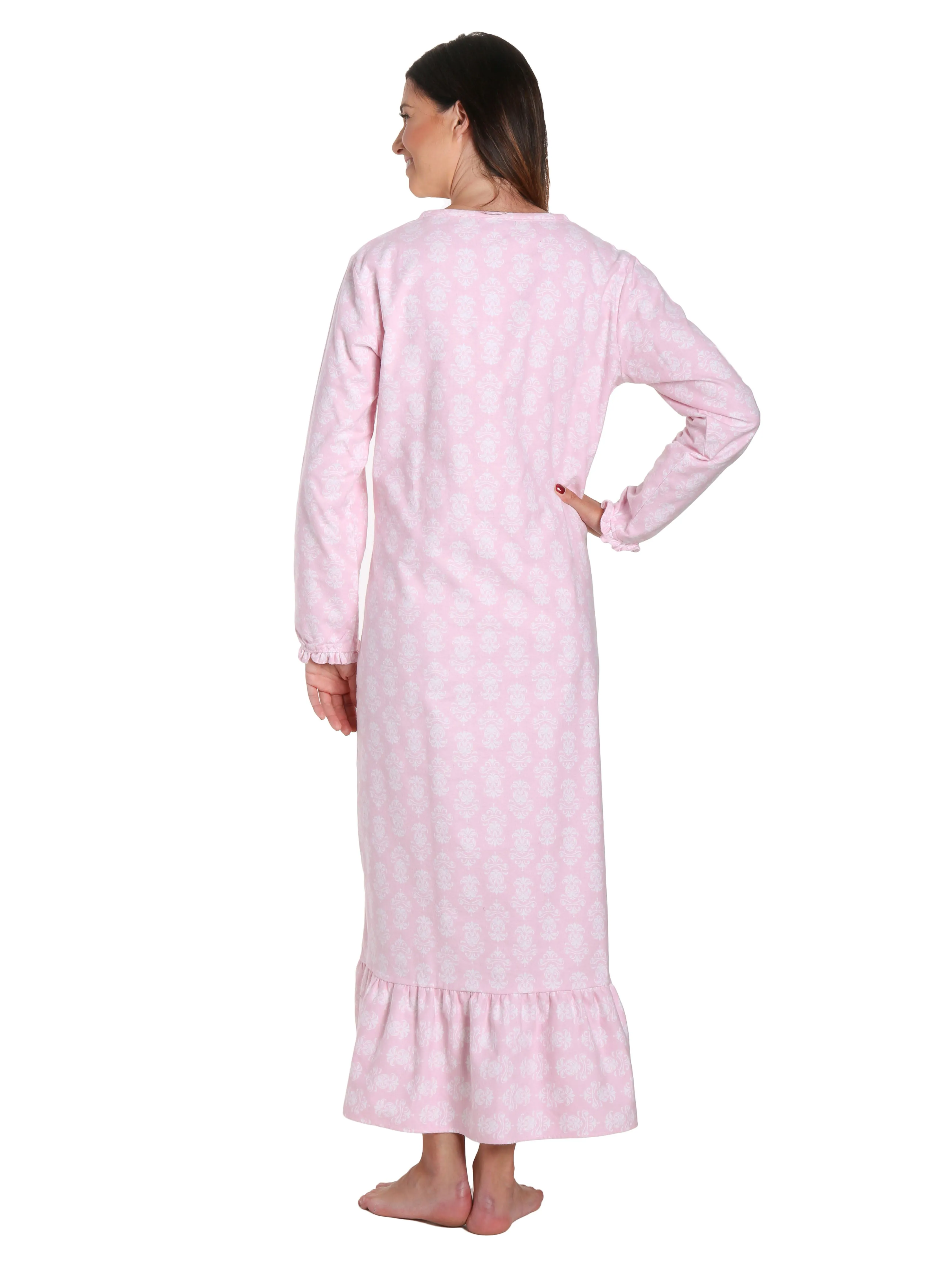 Women's Premium Flannel Long Gown - Brocade Pink-White