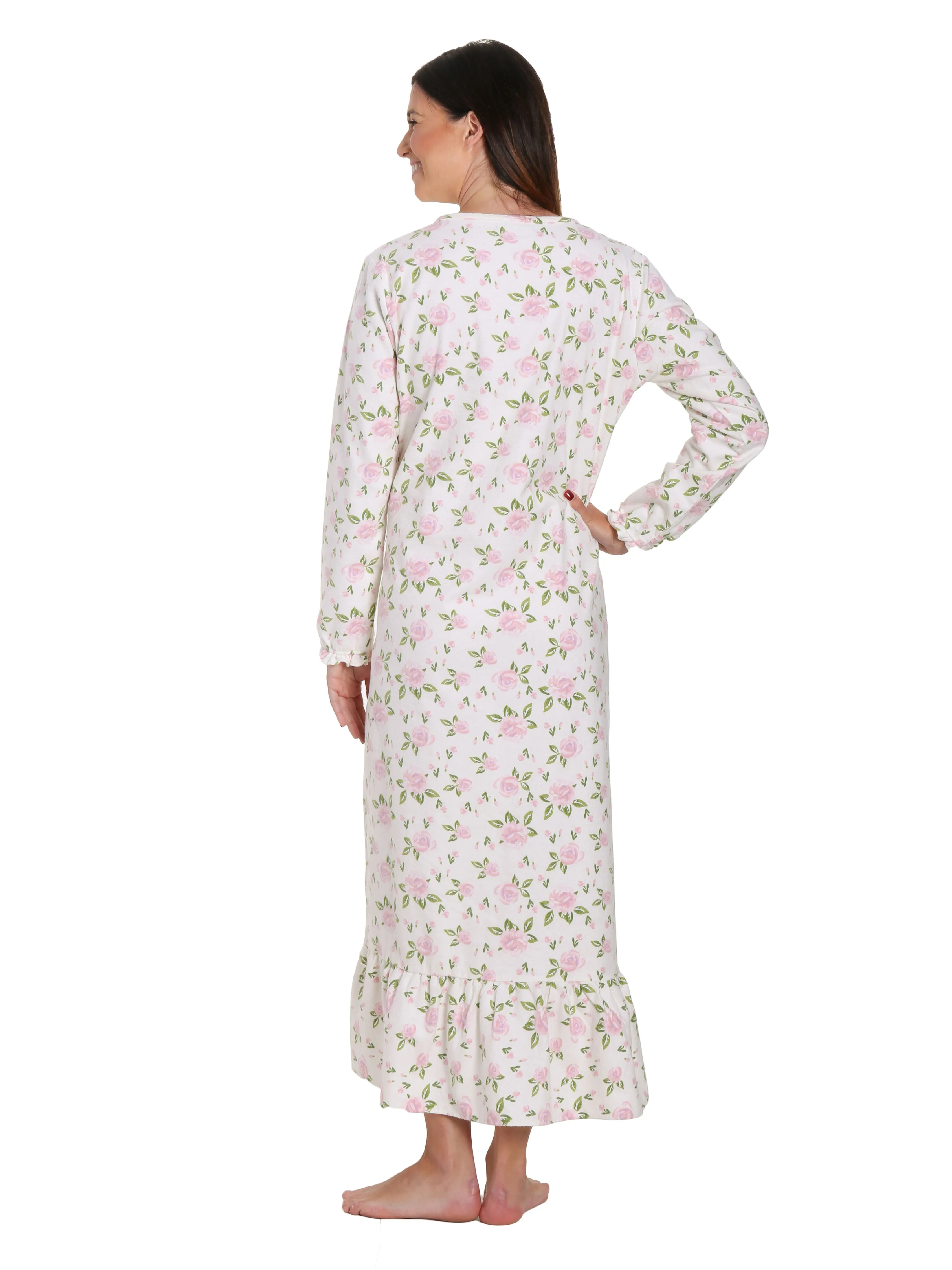 Women's Premium Flannel Long Gown - Gardenia Cream-Pink