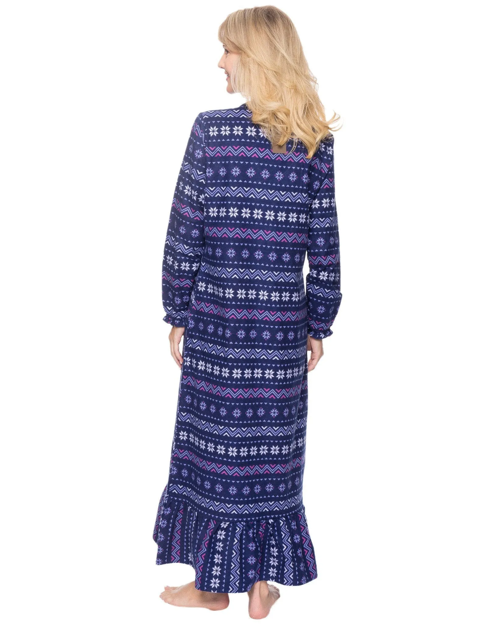 Women's Premium Flannel Long Gown - Nordic Snowflakes Blue