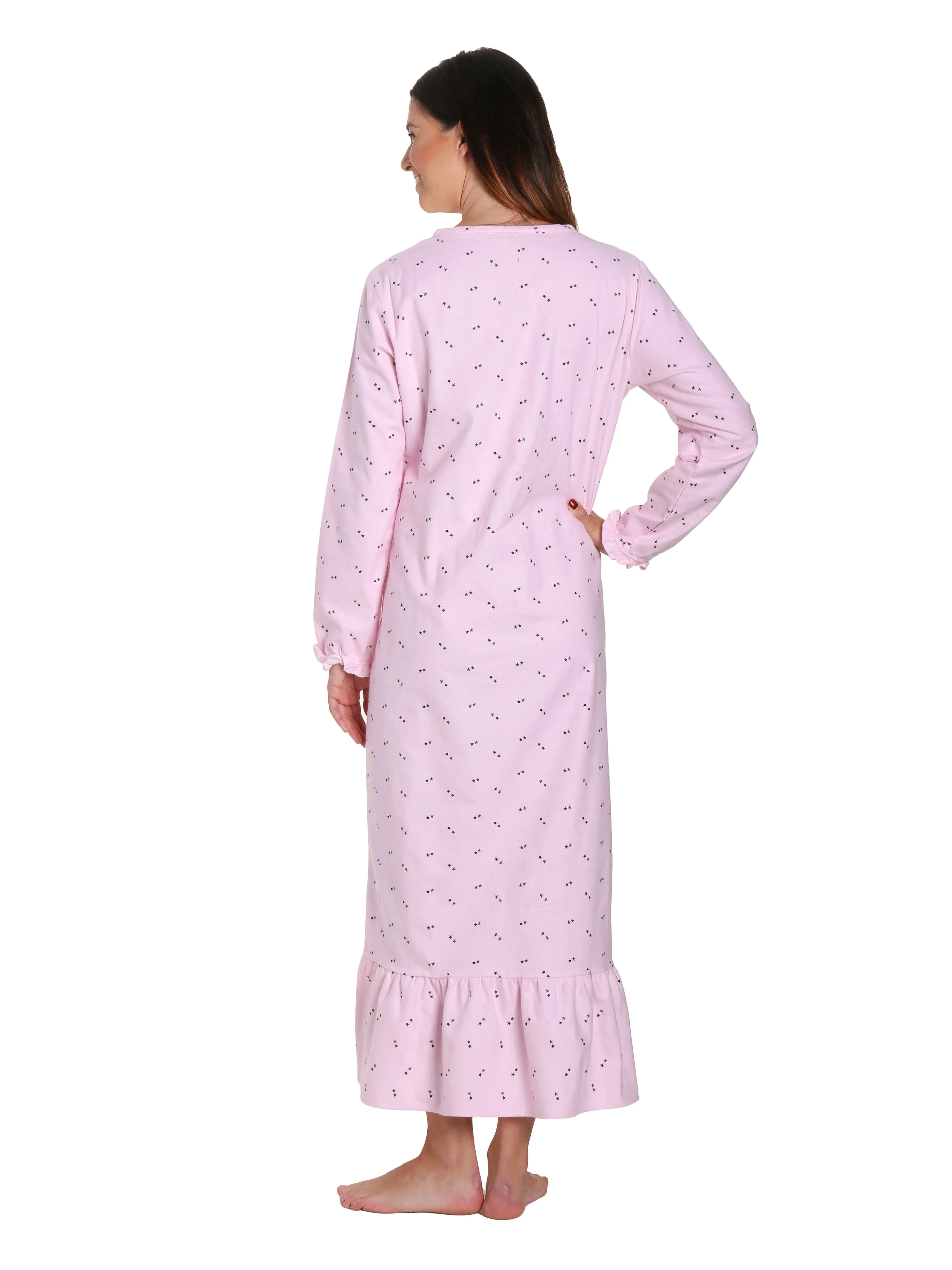 Women's Premium Flannel Long Gown - Twinkle Pink-Grey