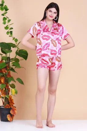 Women's Sleepwear Satin Short Sleeve Shirt and Shorts  Pink Lip Print Pajama Set